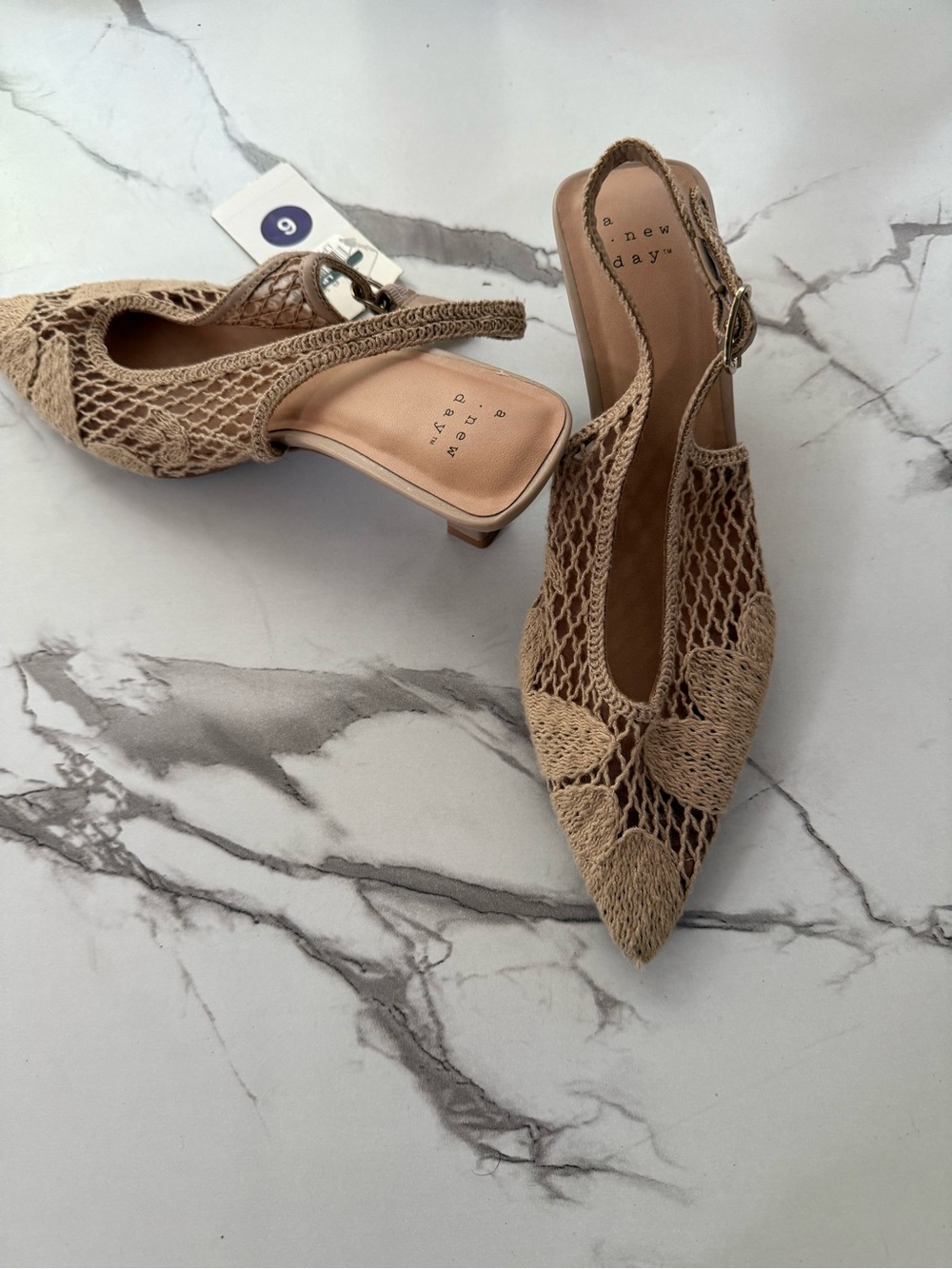Women’s Tan Crochet Slingback Pointed-Toe Heels